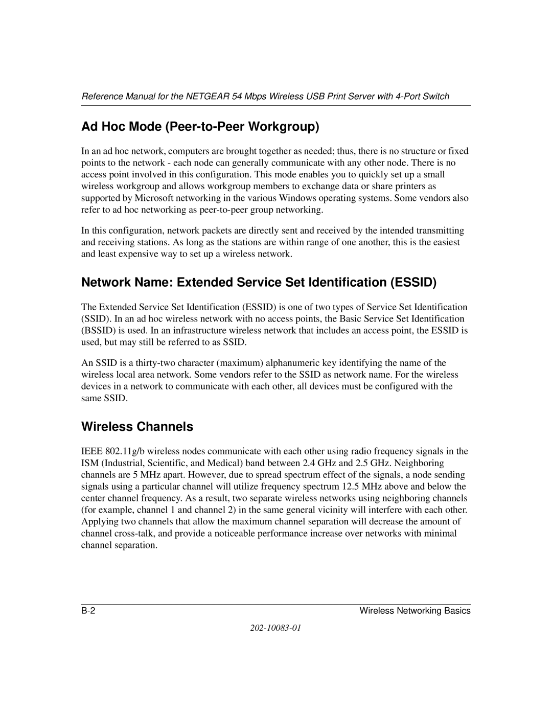 NETGEAR WGPS606 manual Ad Hoc Mode Peer-to-Peer Workgroup, Network Name Extended Service Set Identification Essid 