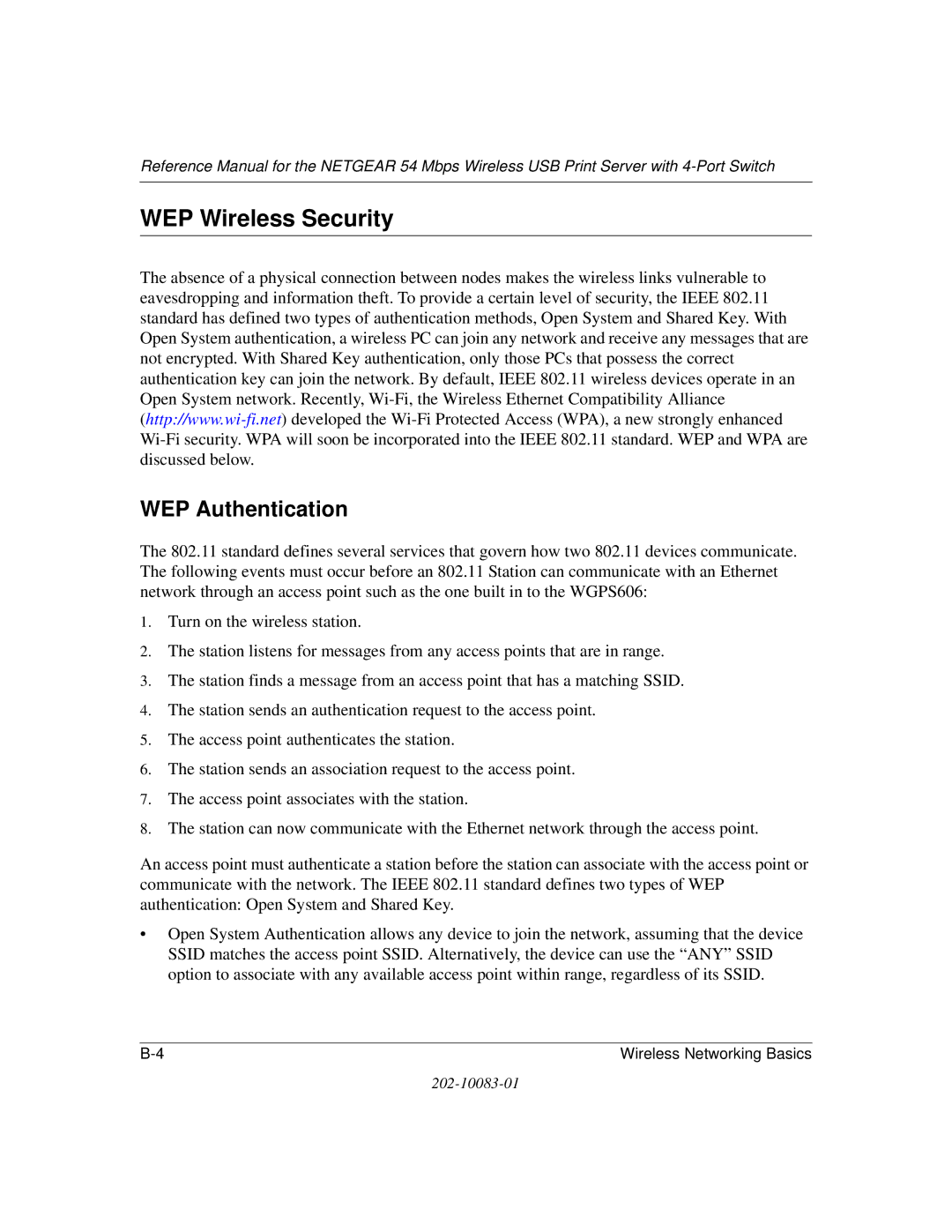 NETGEAR WGPS606 manual WEP Wireless Security, WEP Authentication 