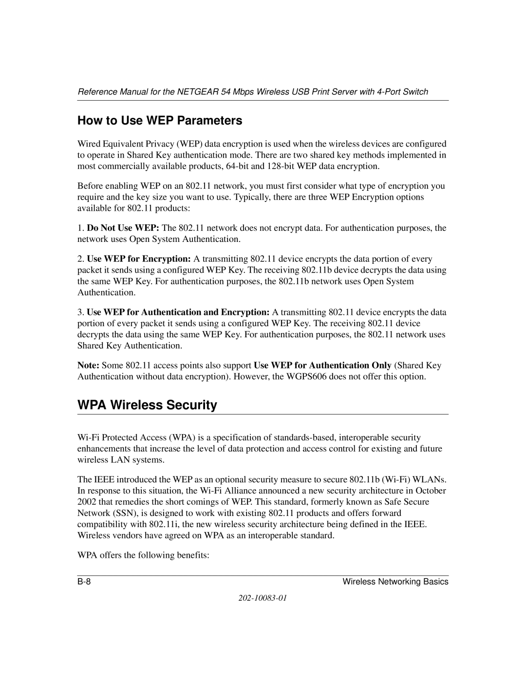 NETGEAR WGPS606 manual WPA Wireless Security, How to Use WEP Parameters 