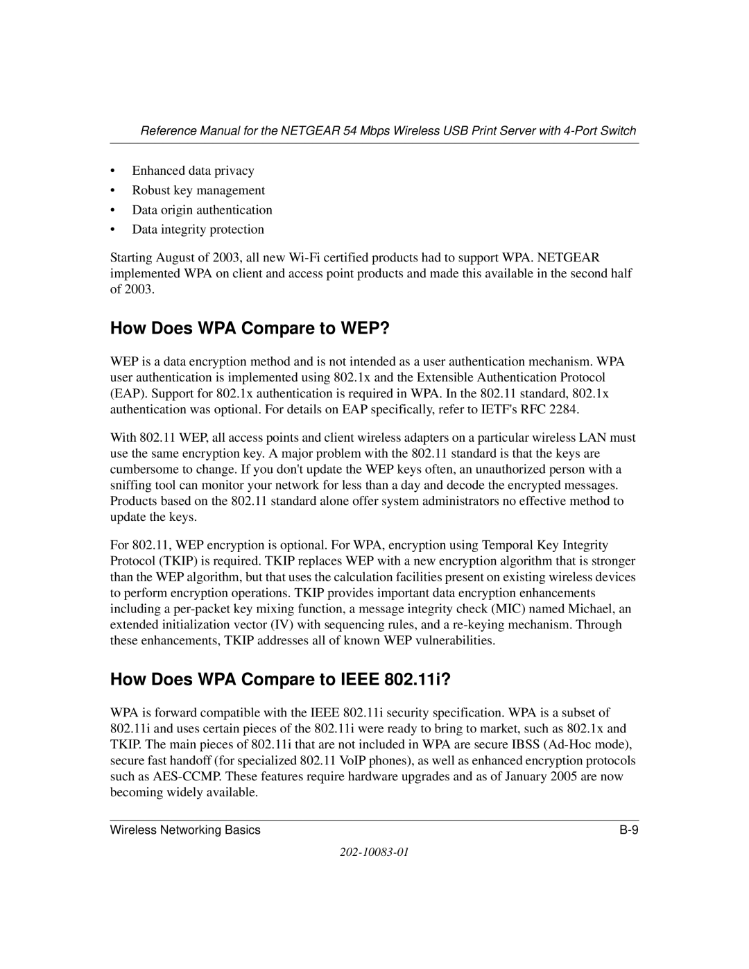 NETGEAR WGPS606 manual How Does WPA Compare to WEP?, How Does WPA Compare to Ieee 802.11i? 