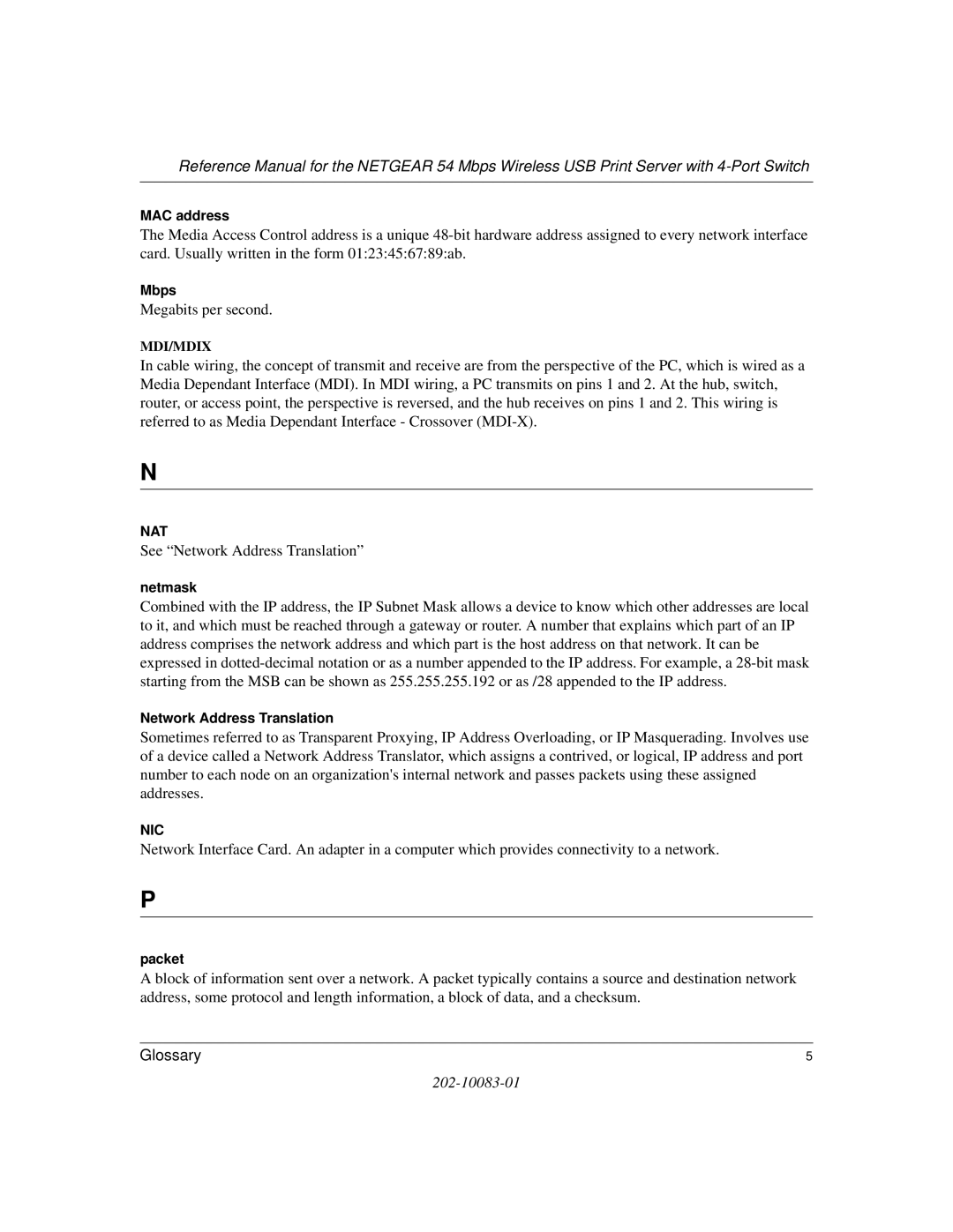 NETGEAR WGPS606 manual Megabits per second 