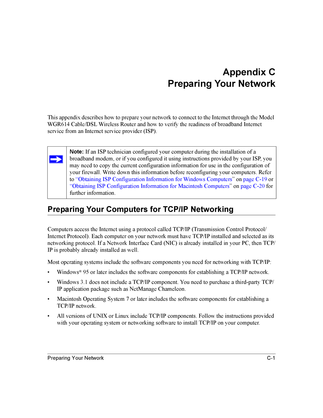 NETGEAR NTGWGR614 manual Appendix C Preparing Your Network, Preparing Your Computers for TCP/IP Networking 