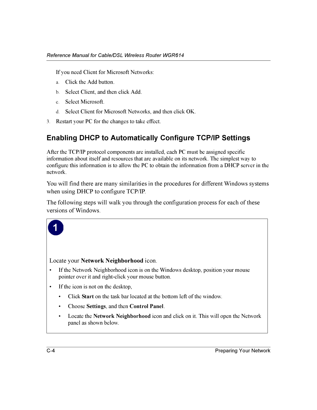 NETGEAR WGR614 manual Enabling Dhcp to Automatically Configure TCP/IP Settings, Choose Settings, and then Control Panel 