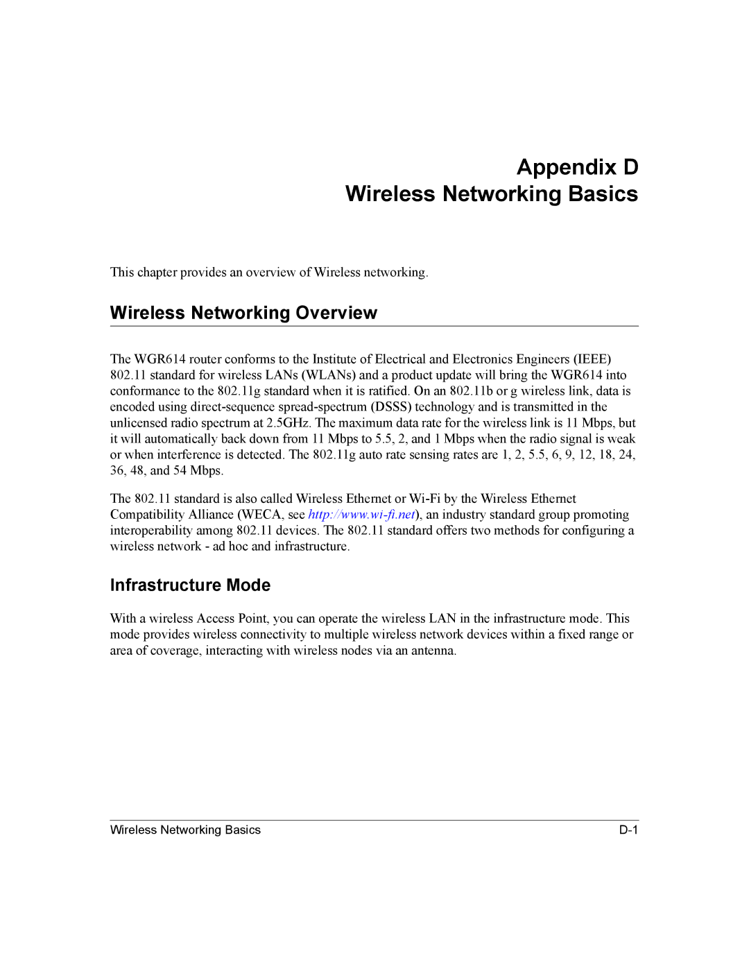 NETGEAR NTGWGR614 manual Appendix D Wireless Networking Basics, Wireless Networking Overview, Infrastructure Mode 