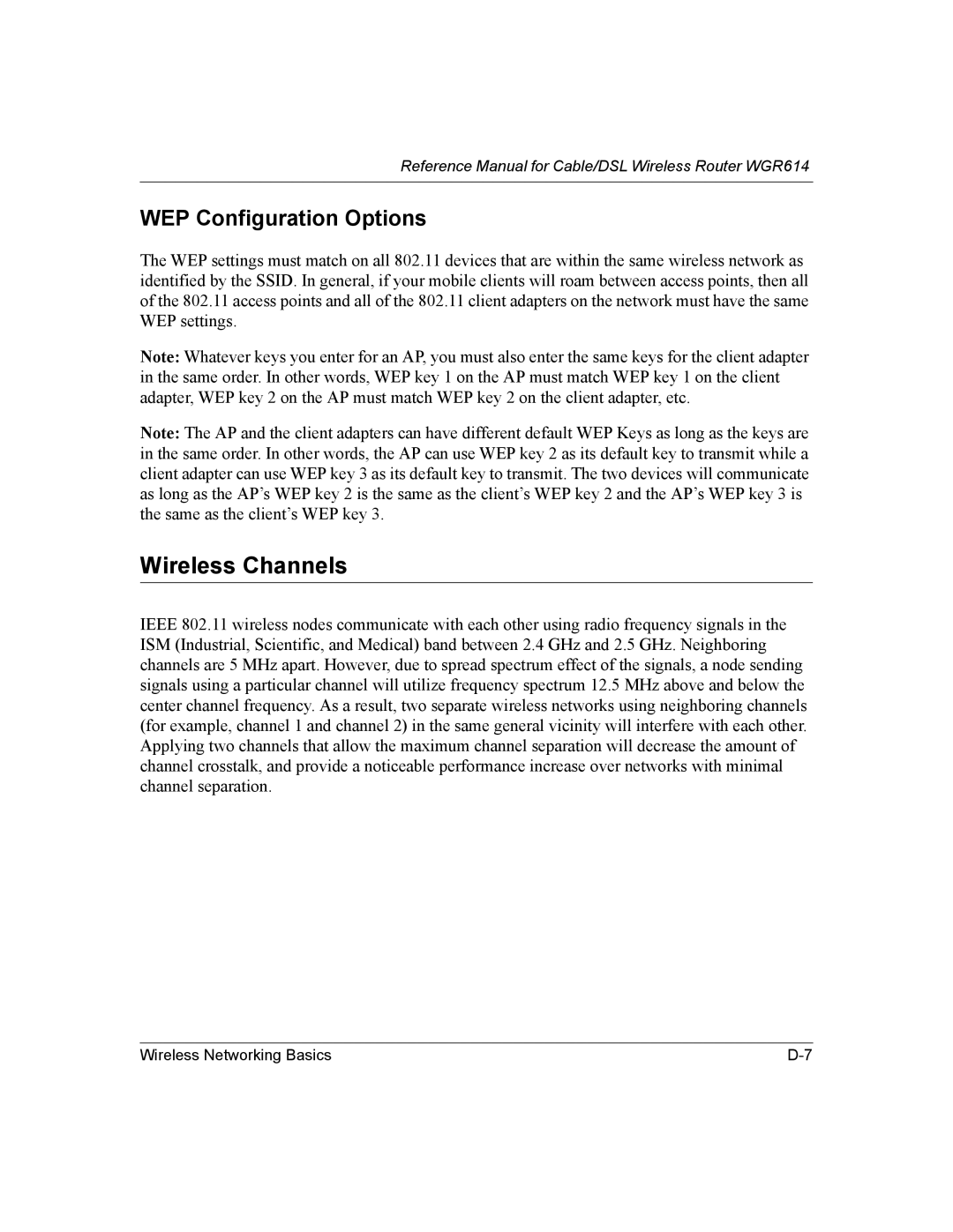 NETGEAR NTGWGR614 manual Wireless Channels, WEP Configuration Options 