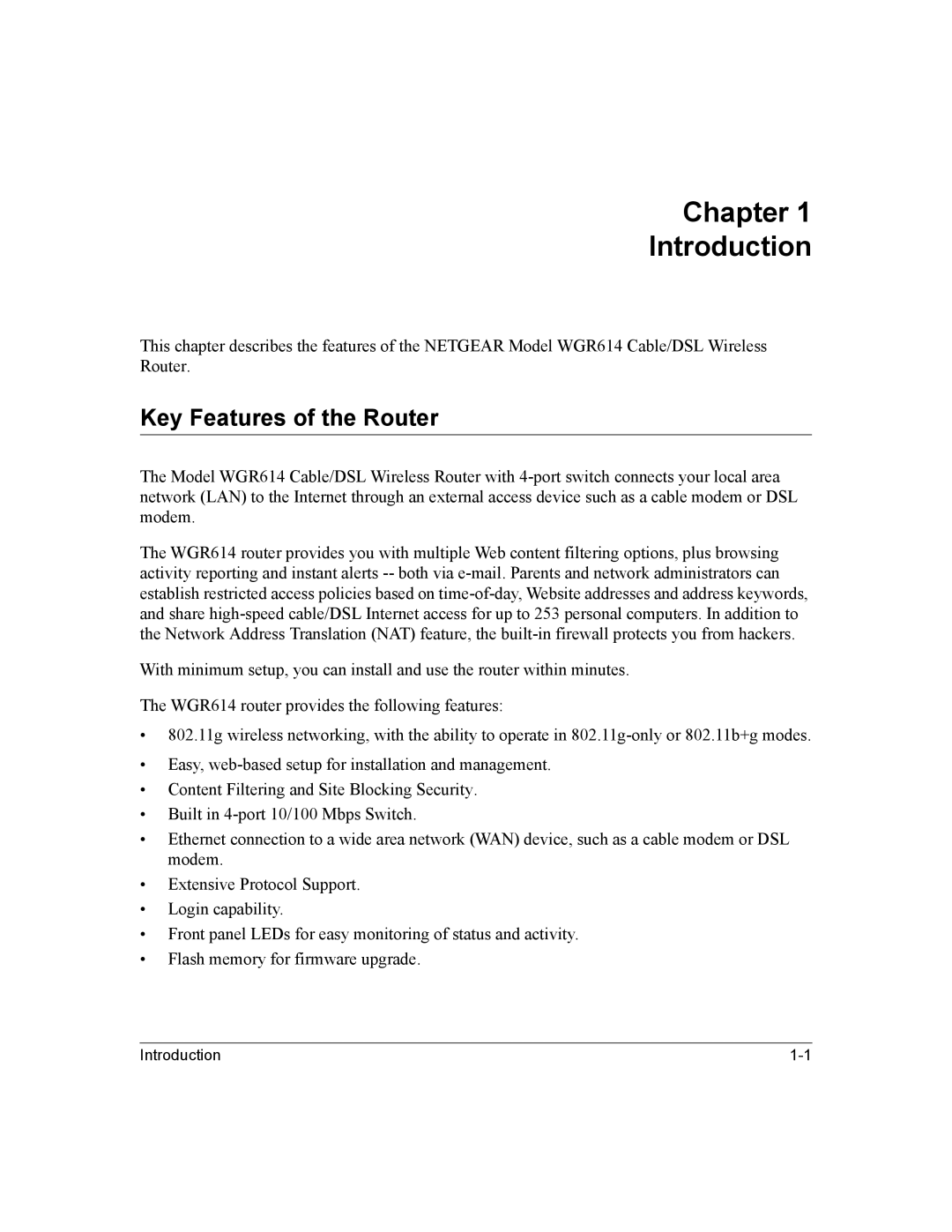 NETGEAR NTGWGR614 manual Chapter Introduction, Key Features of the Router 