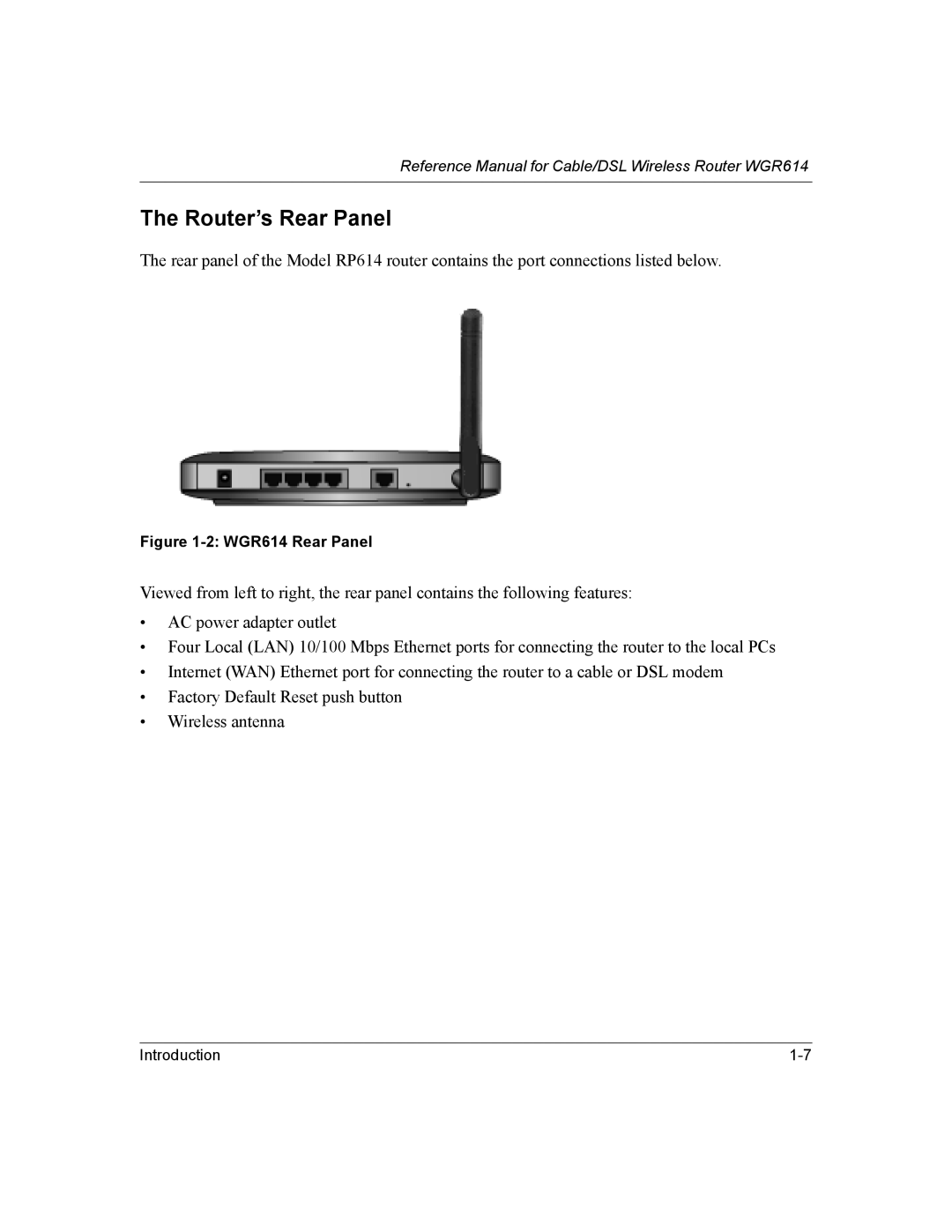 NETGEAR NTGWGR614 manual Router’s Rear Panel, WGR614 Rear Panel 