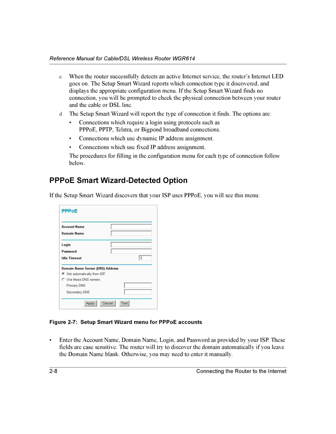 NETGEAR NTGWGR614 manual PPPoE Smart Wizard-Detected Option, Setup Smart Wizard menu for PPPoE accounts 