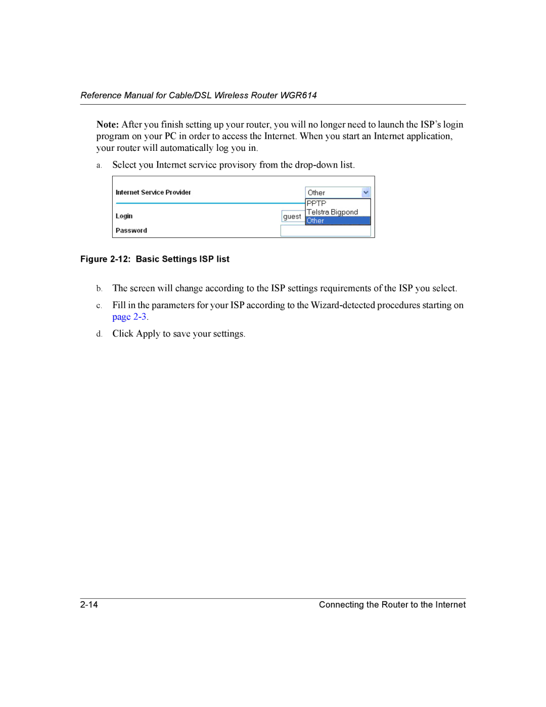 NETGEAR NTGWGR614 manual Basic Settings ISP list 