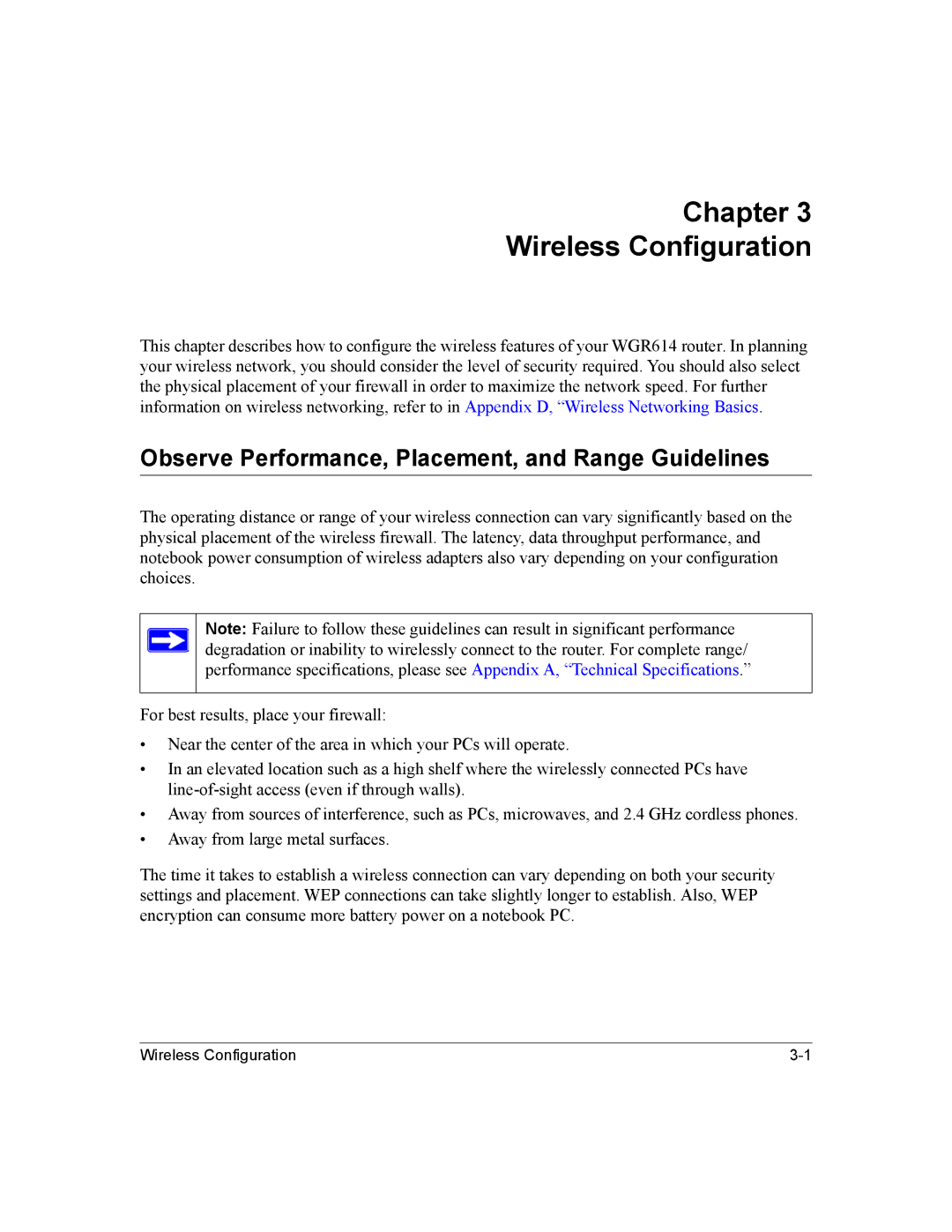 NETGEAR NTGWGR614 manual Chapter Wireless Configuration, Observe Performance, Placement, and Range Guidelines 