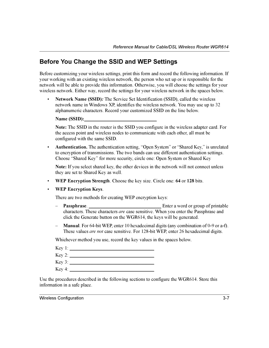 NETGEAR NTGWGR614 manual Before You Change the Ssid and WEP Settings, WEP Encryption Keys 