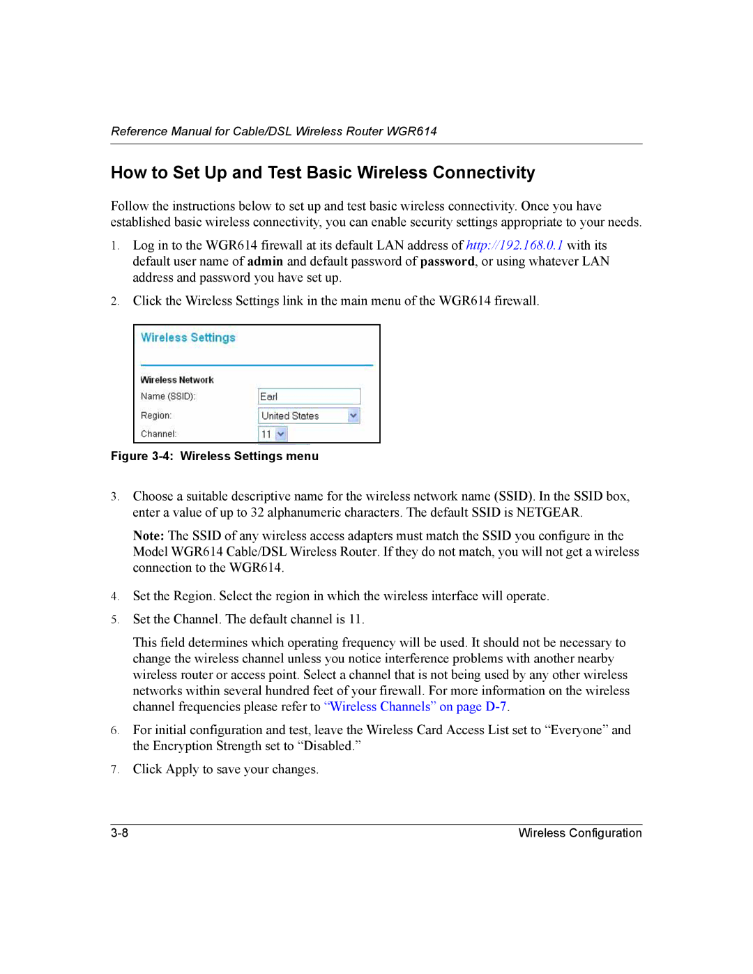 NETGEAR NTGWGR614 manual How to Set Up and Test Basic Wireless Connectivity, Wireless Settings menu 