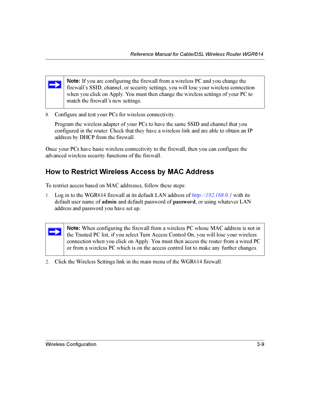 NETGEAR NTGWGR614 manual How to Restrict Wireless Access by MAC Address 