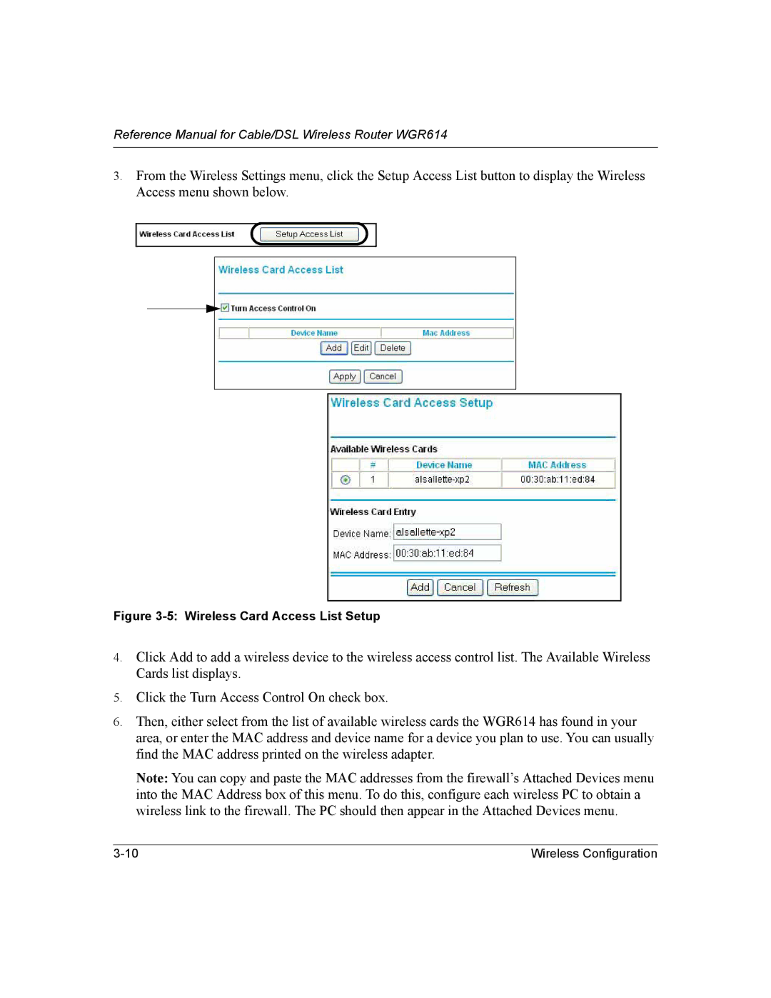 NETGEAR NTGWGR614 manual Wireless Card Access List Setup 