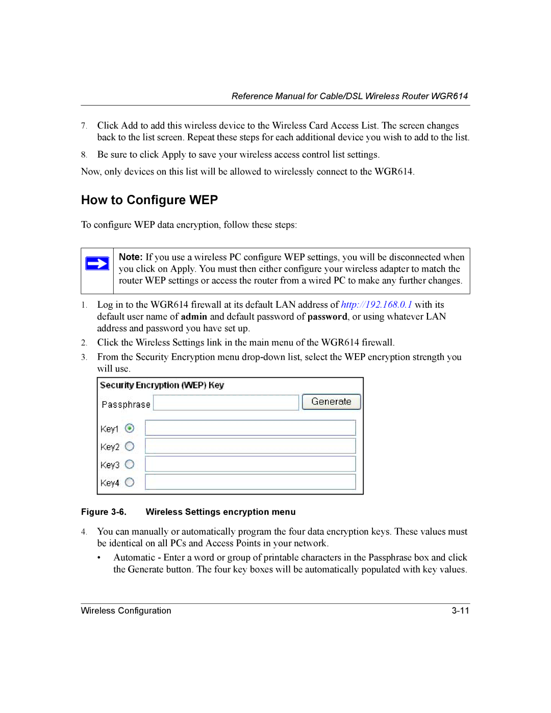 NETGEAR NTGWGR614 manual How to Configure WEP, Wireless Settings encryption menu 