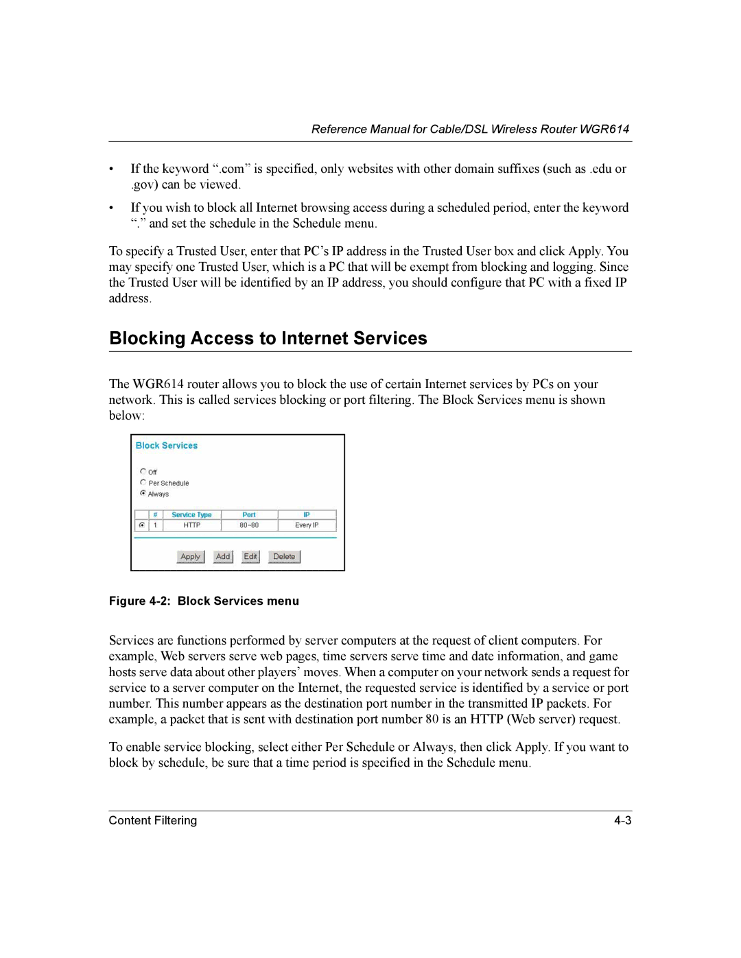 NETGEAR NTGWGR614 manual Blocking Access to Internet Services, Block Services menu 