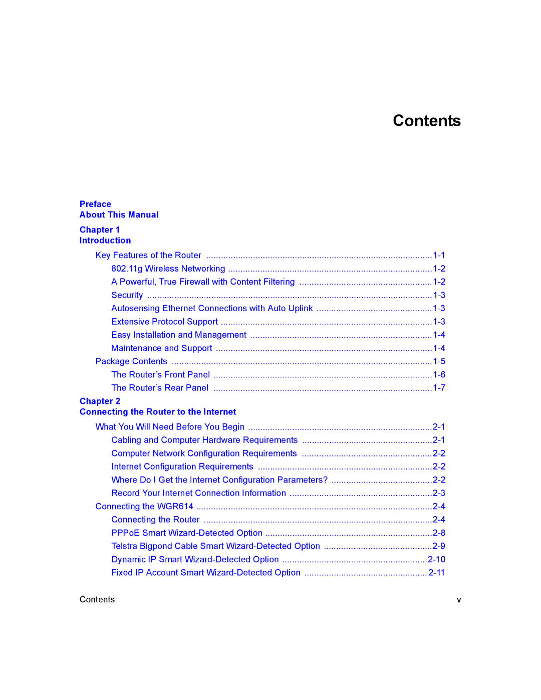 NETGEAR NTGWGR614 manual Contents 