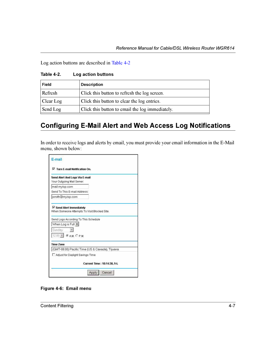 NETGEAR NTGWGR614 manual Configuring E-Mail Alert and Web Access Log Notifications, Email menu 