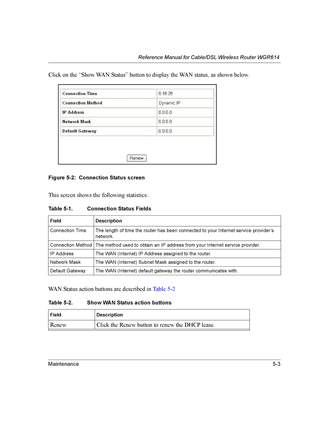 NETGEAR NTGWGR614 manual This screen shows the following statistics, Renew Click the Renew button to renew the Dhcp lease 