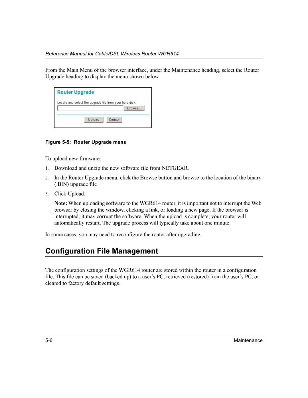 NETGEAR NTGWGR614 manual Configuration File Management, Router Upgrade menu 