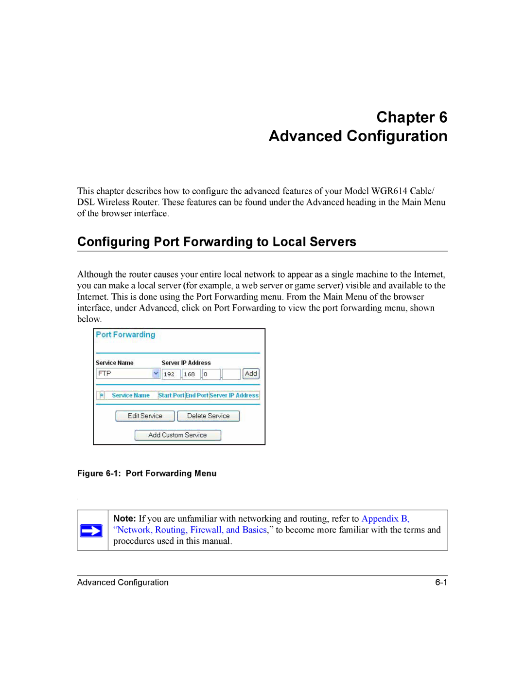 NETGEAR NTGWGR614 manual Chapter Advanced Configuration, Configuring Port Forwarding to Local Servers 