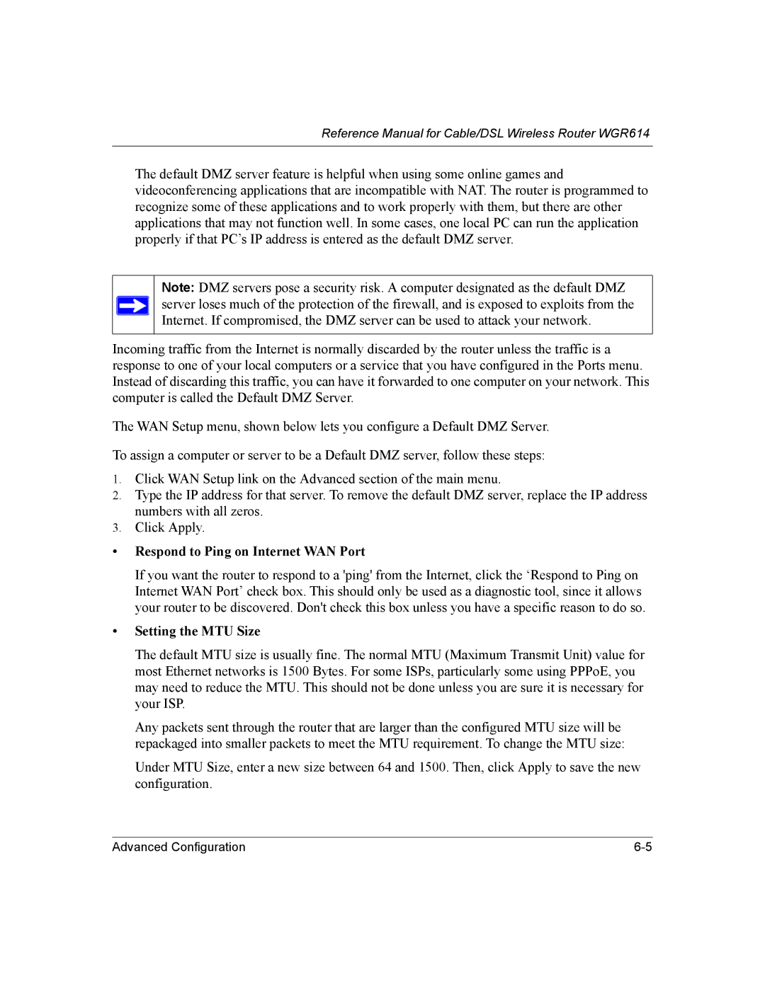 NETGEAR NTGWGR614 manual Respond to Ping on Internet WAN Port, Setting the MTU Size 