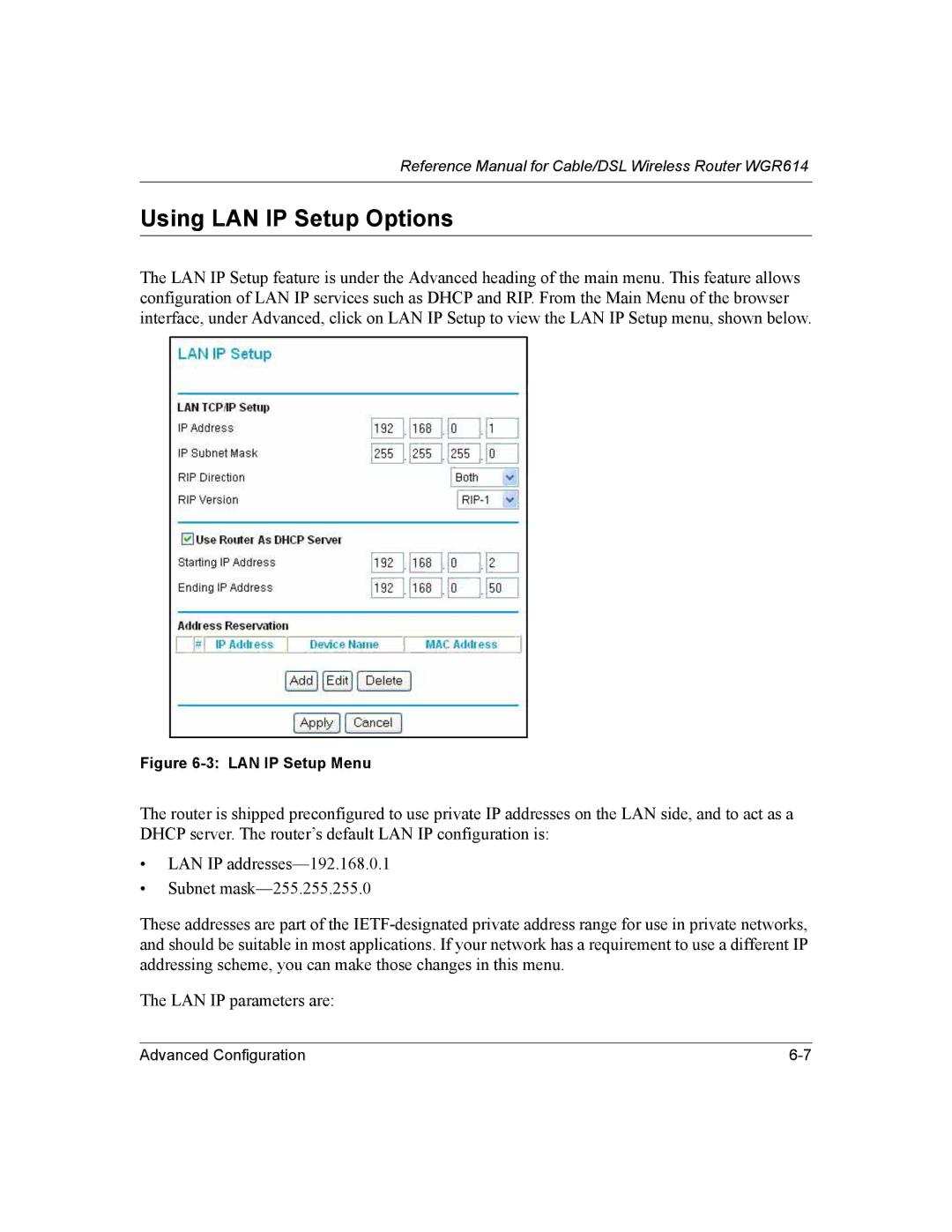 NETGEAR NTGWGR614 manual Using LAN IP Setup Options, LAN IP Setup Menu 