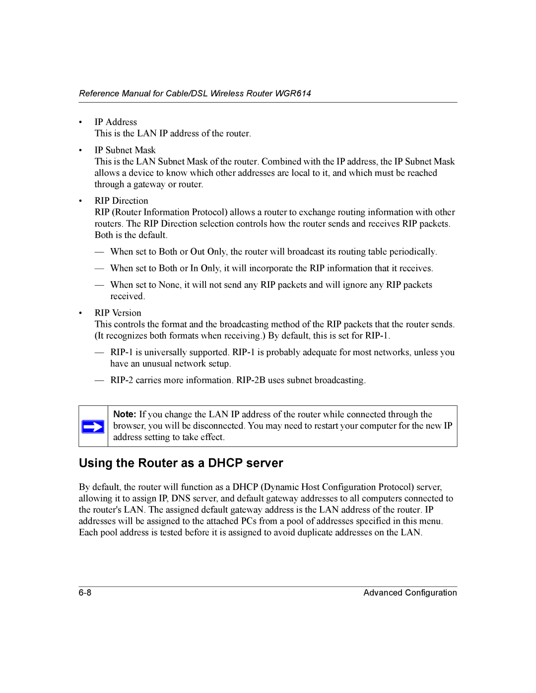 NETGEAR NTGWGR614 manual Using the Router as a Dhcp server 