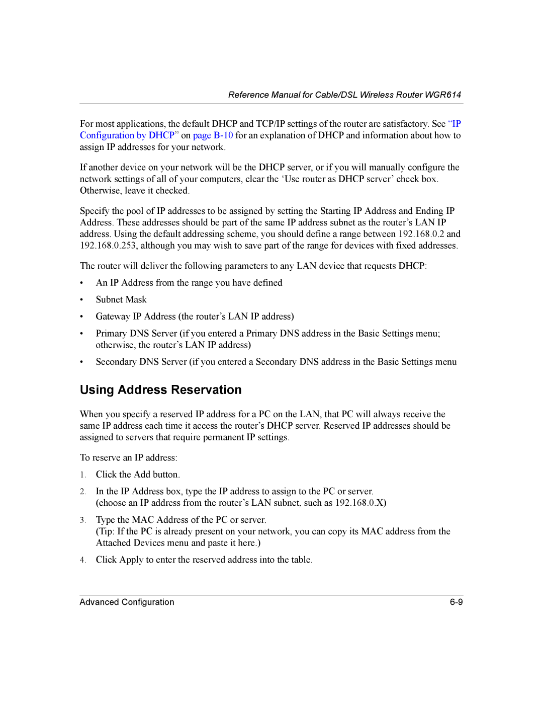 NETGEAR NTGWGR614 manual Using Address Reservation 