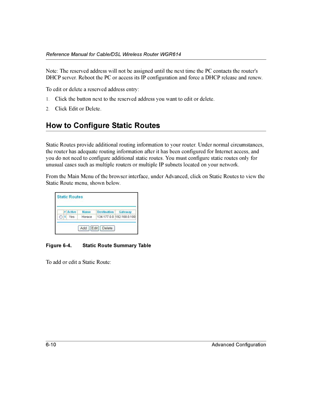 NETGEAR NTGWGR614 manual How to Configure Static Routes, Static Route Summary Table 