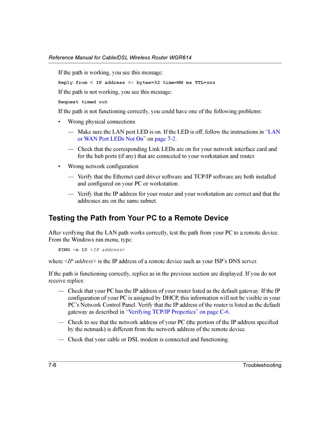 NETGEAR NTGWGR614 manual Testing the Path from Your PC to a Remote Device 