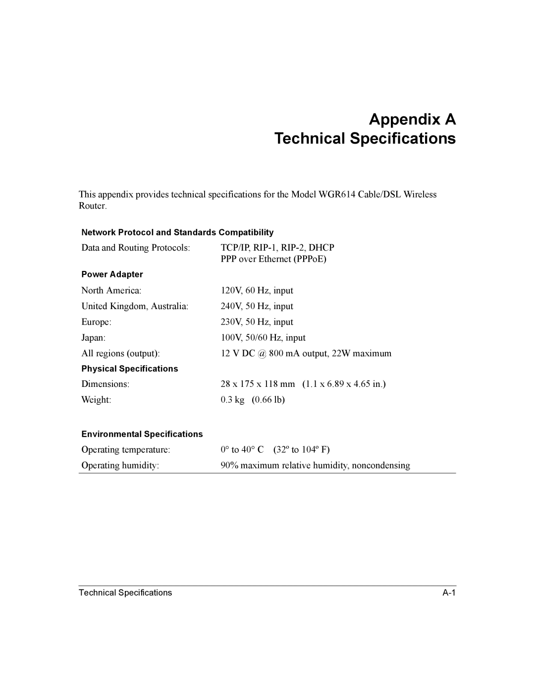 NETGEAR NTGWGR614 manual Appendix a Technical Specifications, TCP/IP, RIP-1, RIP-2, Dhcp 