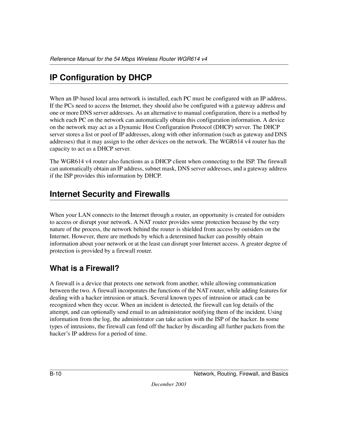 NETGEAR WGR614 v4 manual IP Configuration by Dhcp, Internet Security and Firewalls, What is a Firewall? 