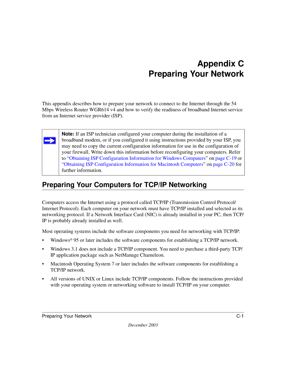 NETGEAR WGR614 v4 manual Appendix C Preparing Your Network, Preparing Your Computers for TCP/IP Networking 