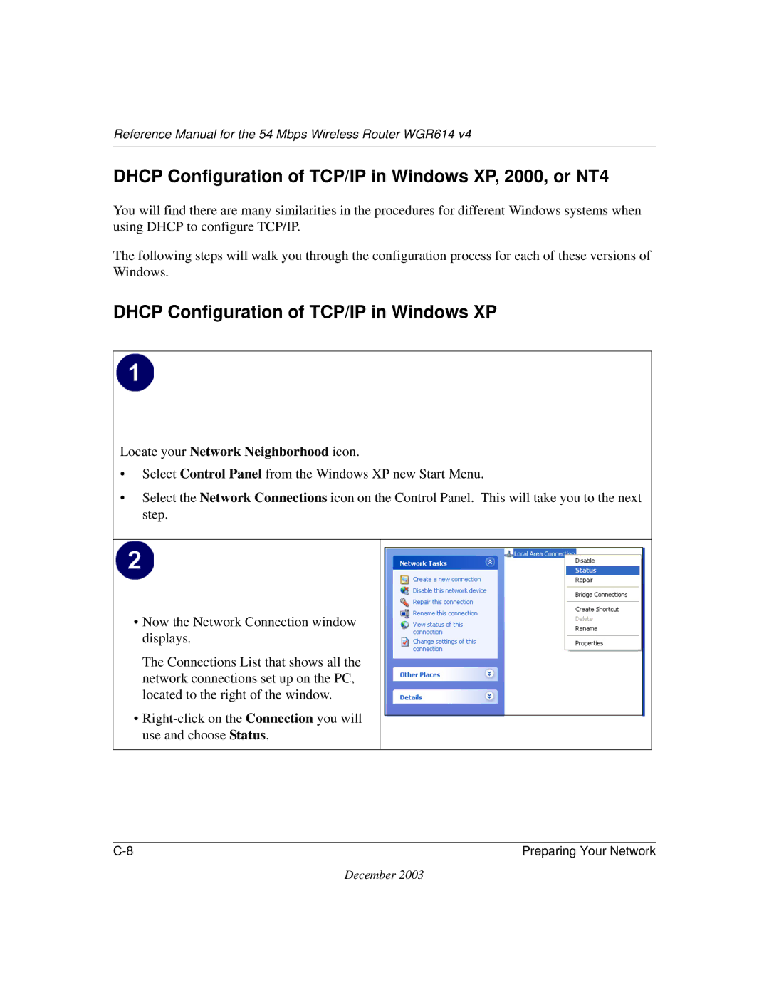 NETGEAR WGR614 v4 manual Dhcp Configuration of TCP/IP in Windows XP, 2000, or NT4, Locate your Network Neighborhood icon 