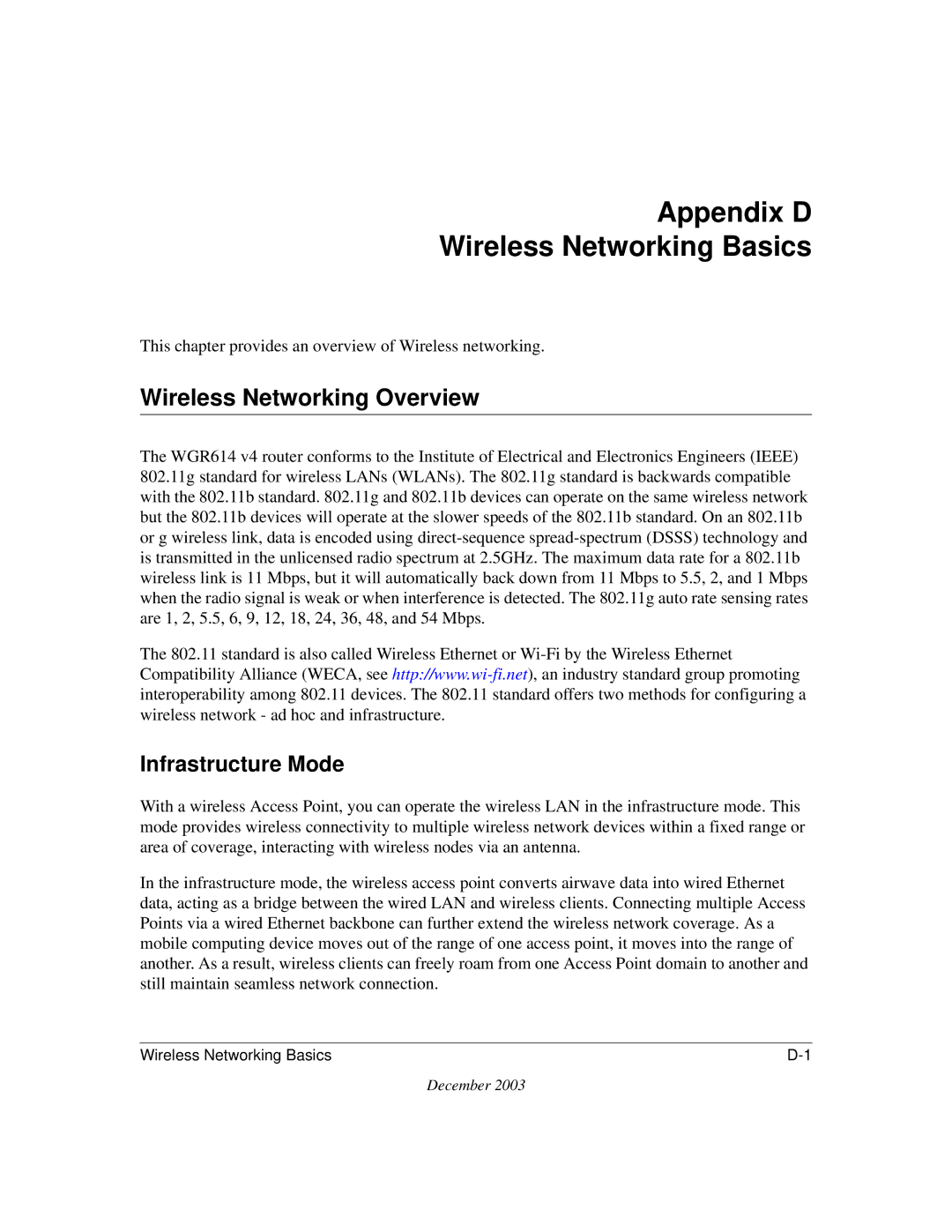 NETGEAR WGR614 v4 manual Appendix D Wireless Networking Basics, Wireless Networking Overview, Infrastructure Mode 