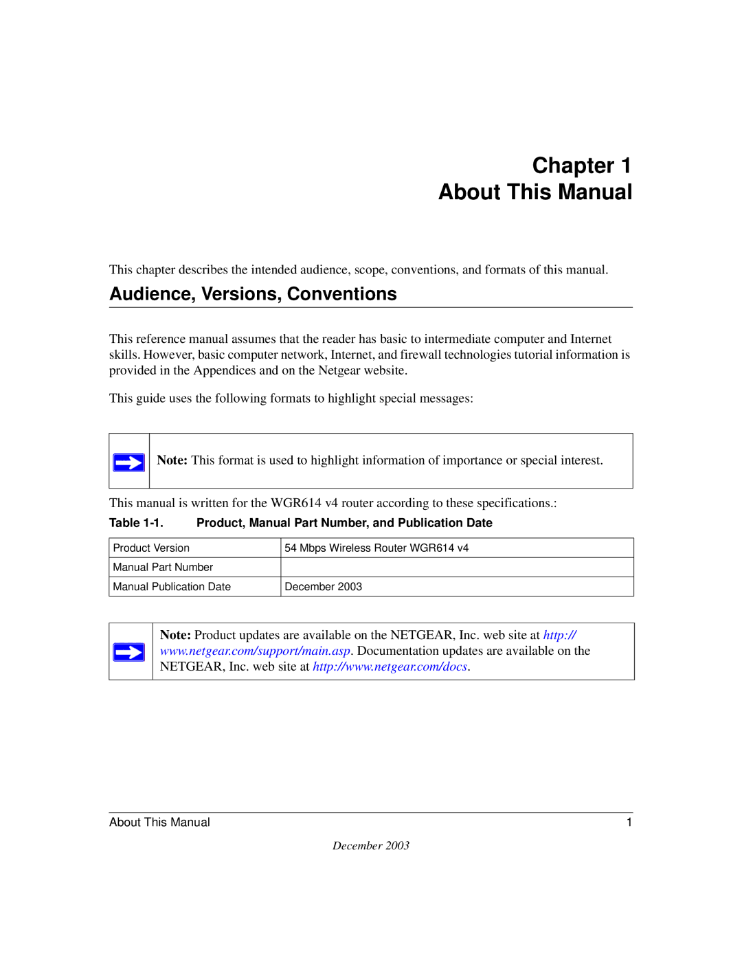 NETGEAR WGR614 v4 manual Chapter About This Manual, Audience, Versions, Conventions 