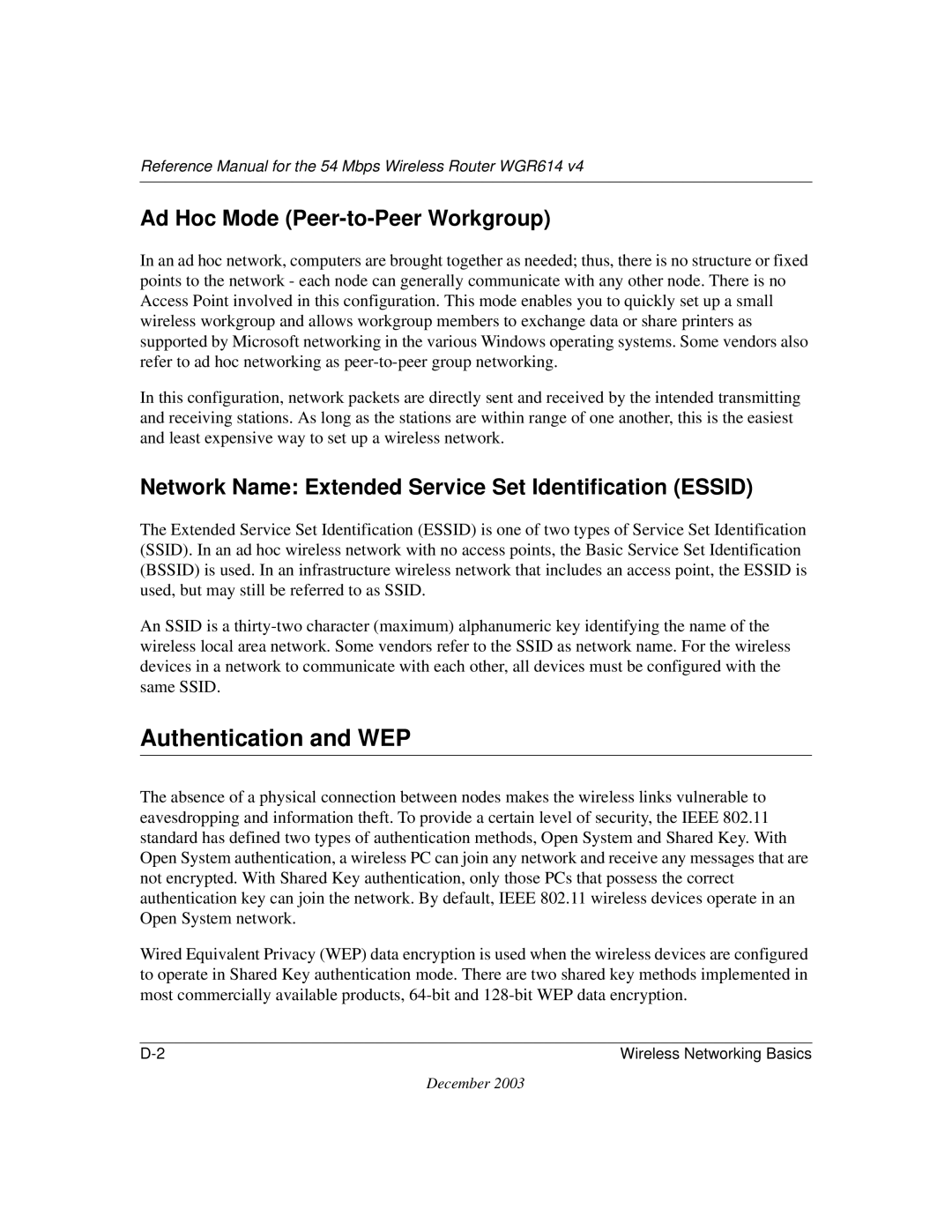 NETGEAR WGR614 v4 manual Authentication and WEP, Ad Hoc Mode Peer-to-Peer Workgroup 