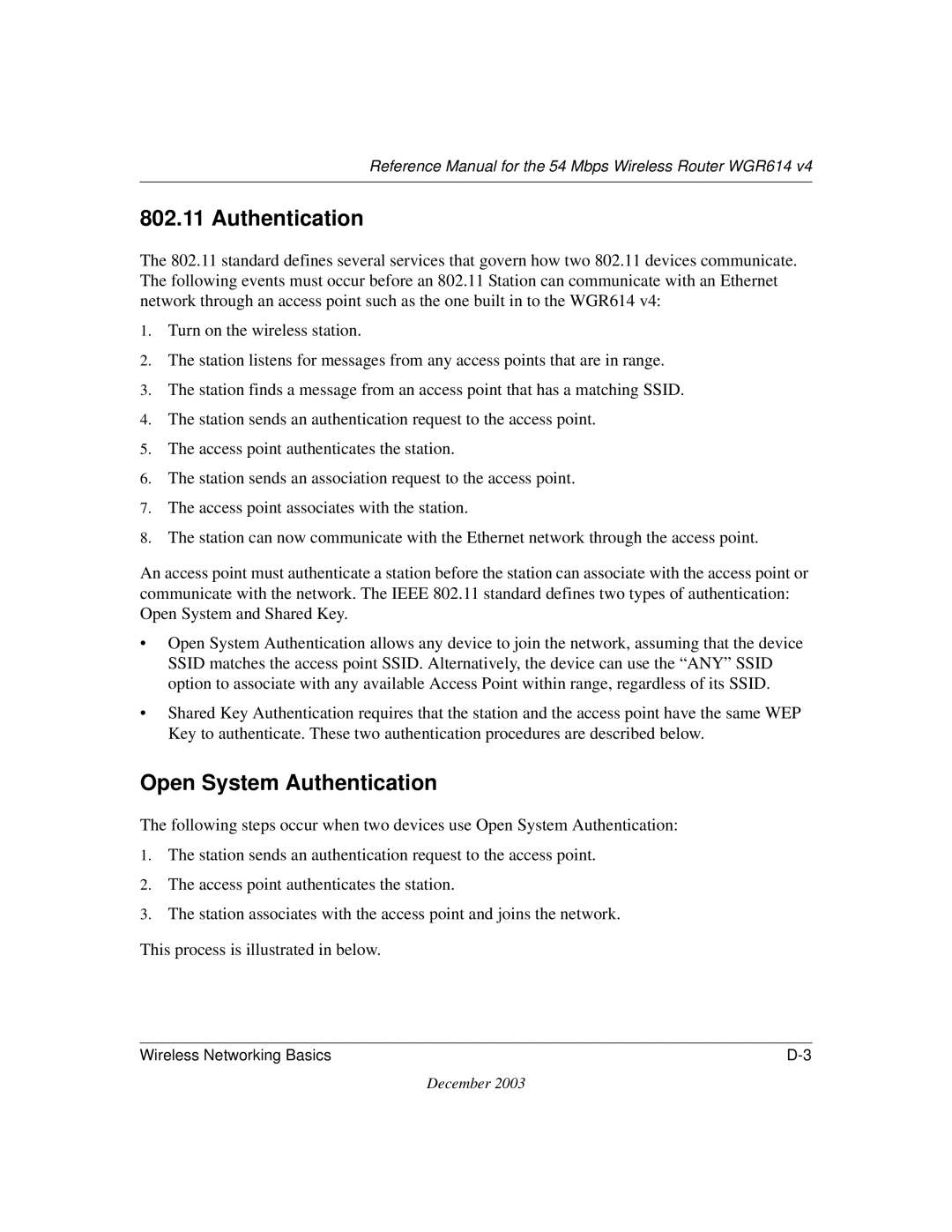 NETGEAR WGR614 v4 manual Open System Authentication 