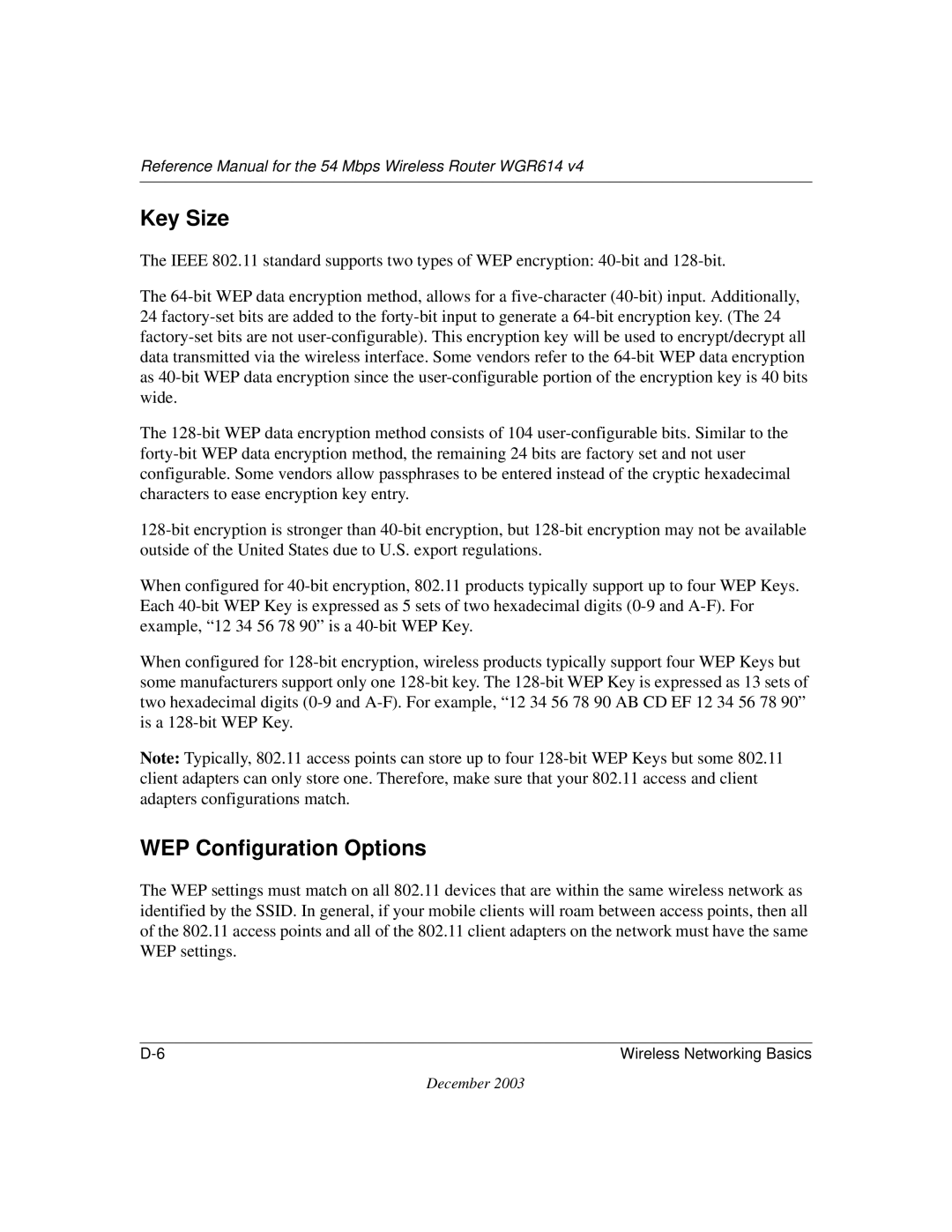 NETGEAR WGR614 v4 manual Key Size, WEP Configuration Options 