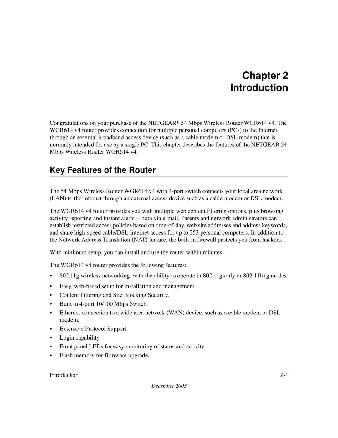 NETGEAR WGR614 v4 manual Chapter Introduction, Key Features of the Router 