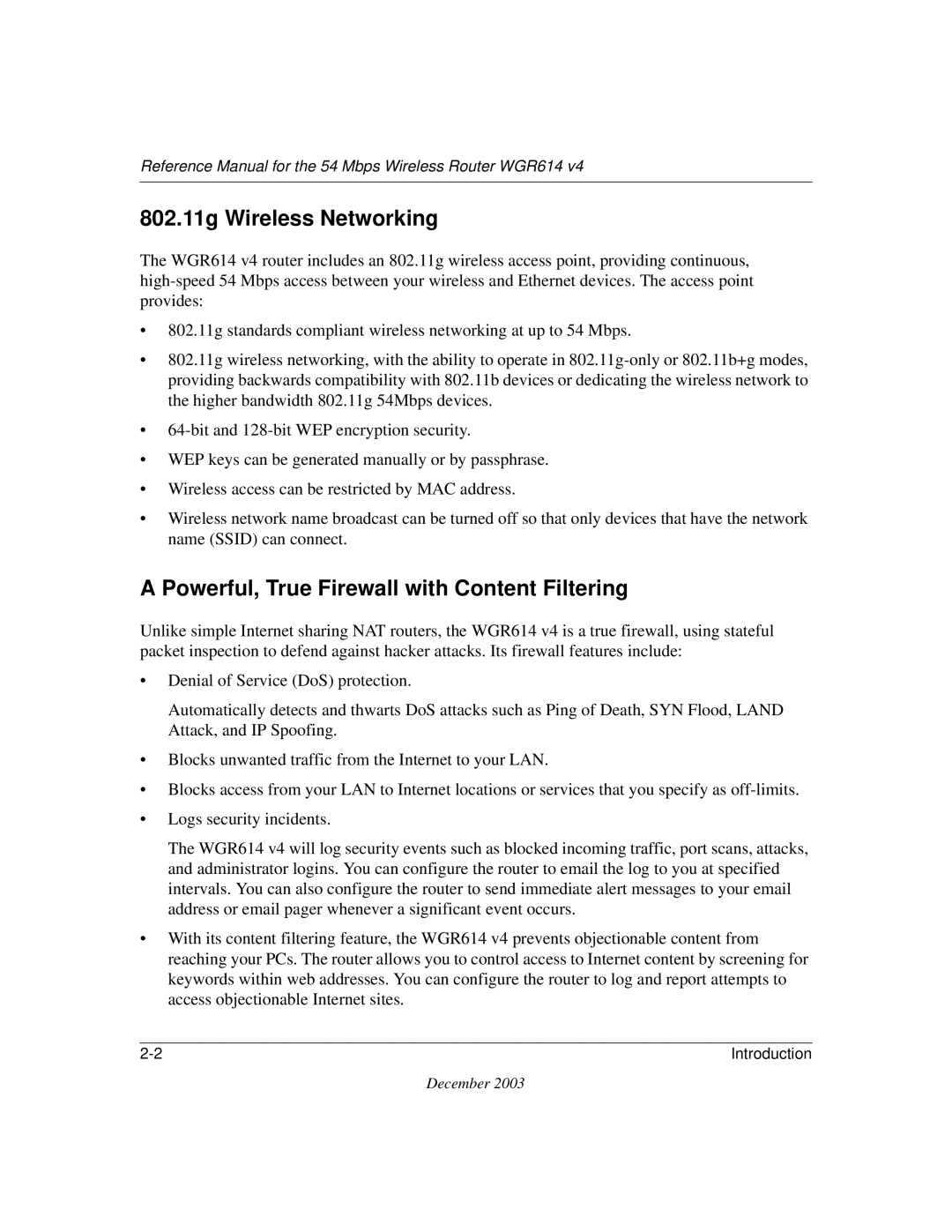 NETGEAR WGR614 v4 manual 802.11g Wireless Networking, Powerful, True Firewall with Content Filtering 