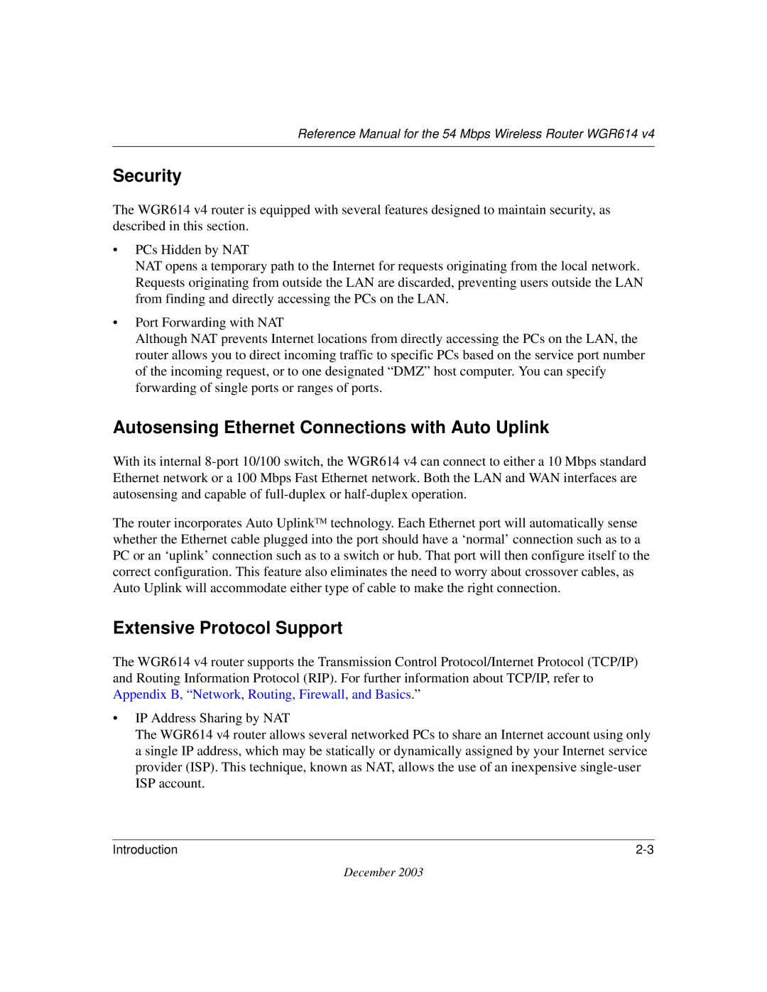 NETGEAR WGR614 v4 manual Security, Autosensing Ethernet Connections with Auto Uplink, Extensive Protocol Support 