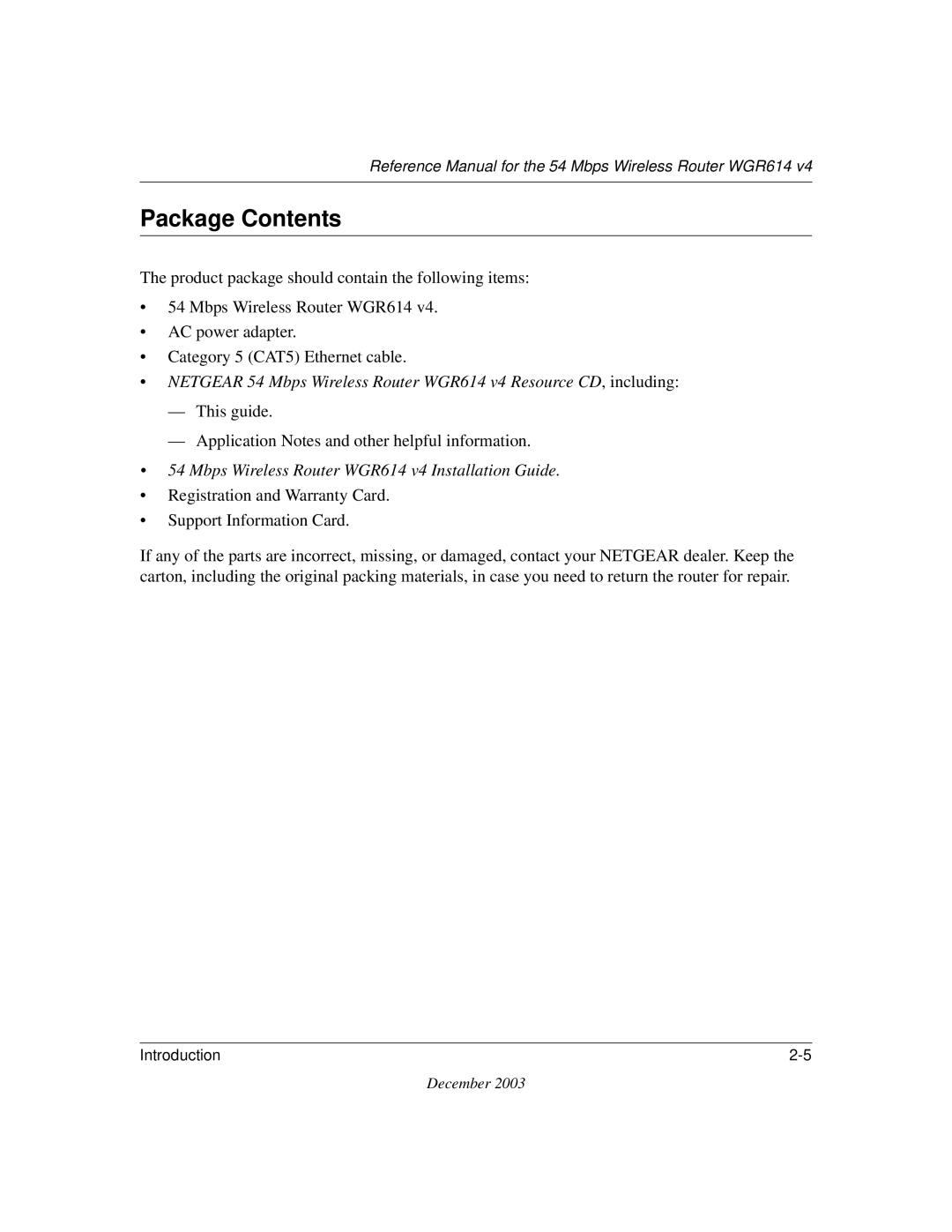 NETGEAR WGR614 v4 manual Package Contents 