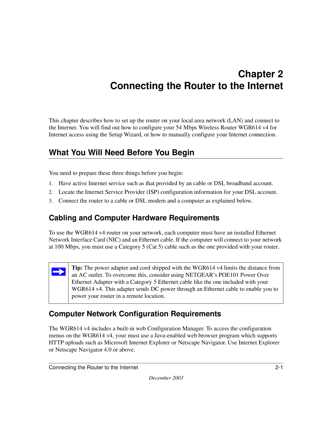 NETGEAR WGR614 v4 manual Chapter Connecting the Router to the Internet, What You Will Need Before You Begin 