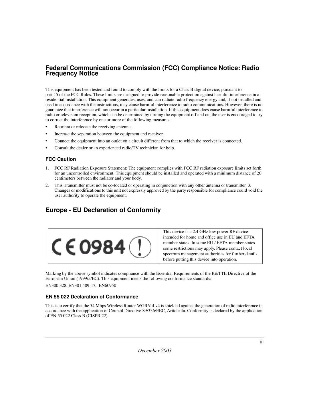 NETGEAR WGR614 v4 manual Europe EU Declaration of Conformity 