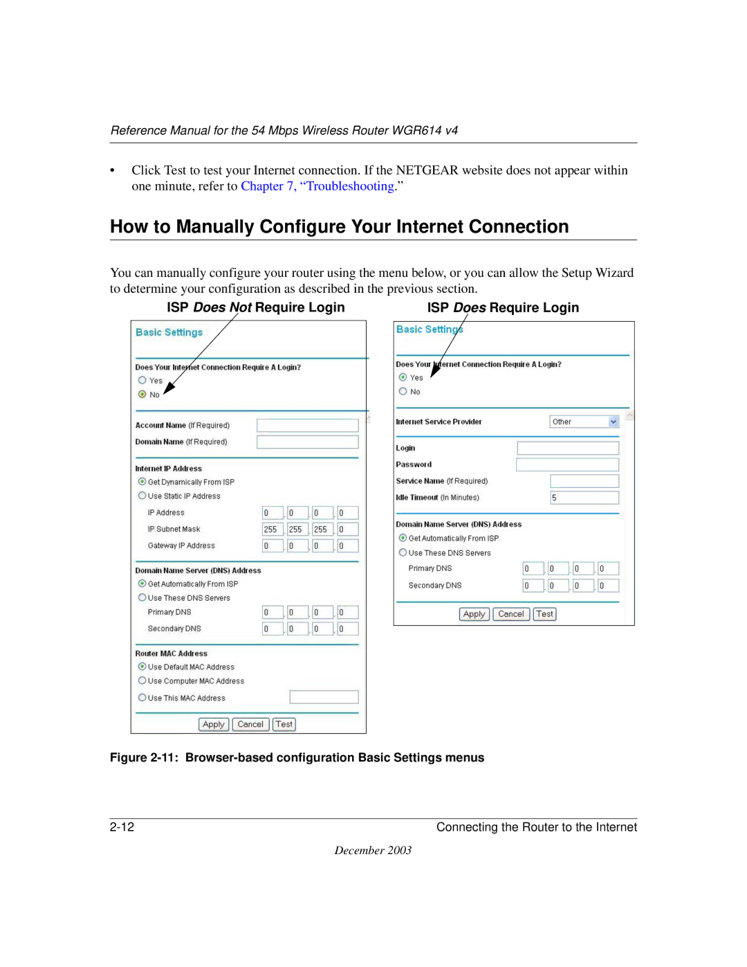 NETGEAR WGR614 v4 How to Manually Configure Your Internet Connection, ISP Does Not Require Login ISP Does Require Login 