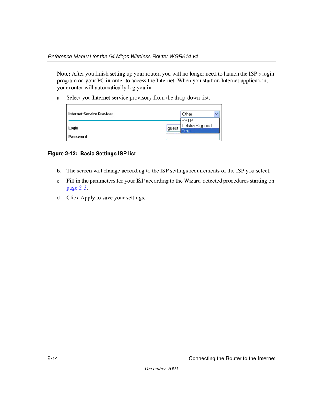 NETGEAR WGR614 v4 manual Basic Settings ISP list 