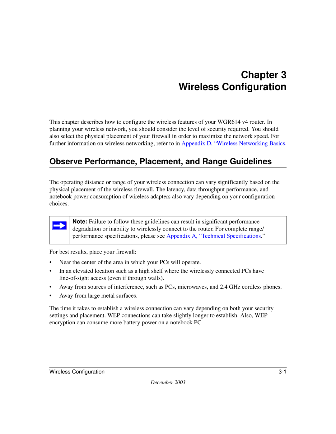 NETGEAR WGR614 v4 manual Chapter Wireless Configuration, Observe Performance, Placement, and Range Guidelines 