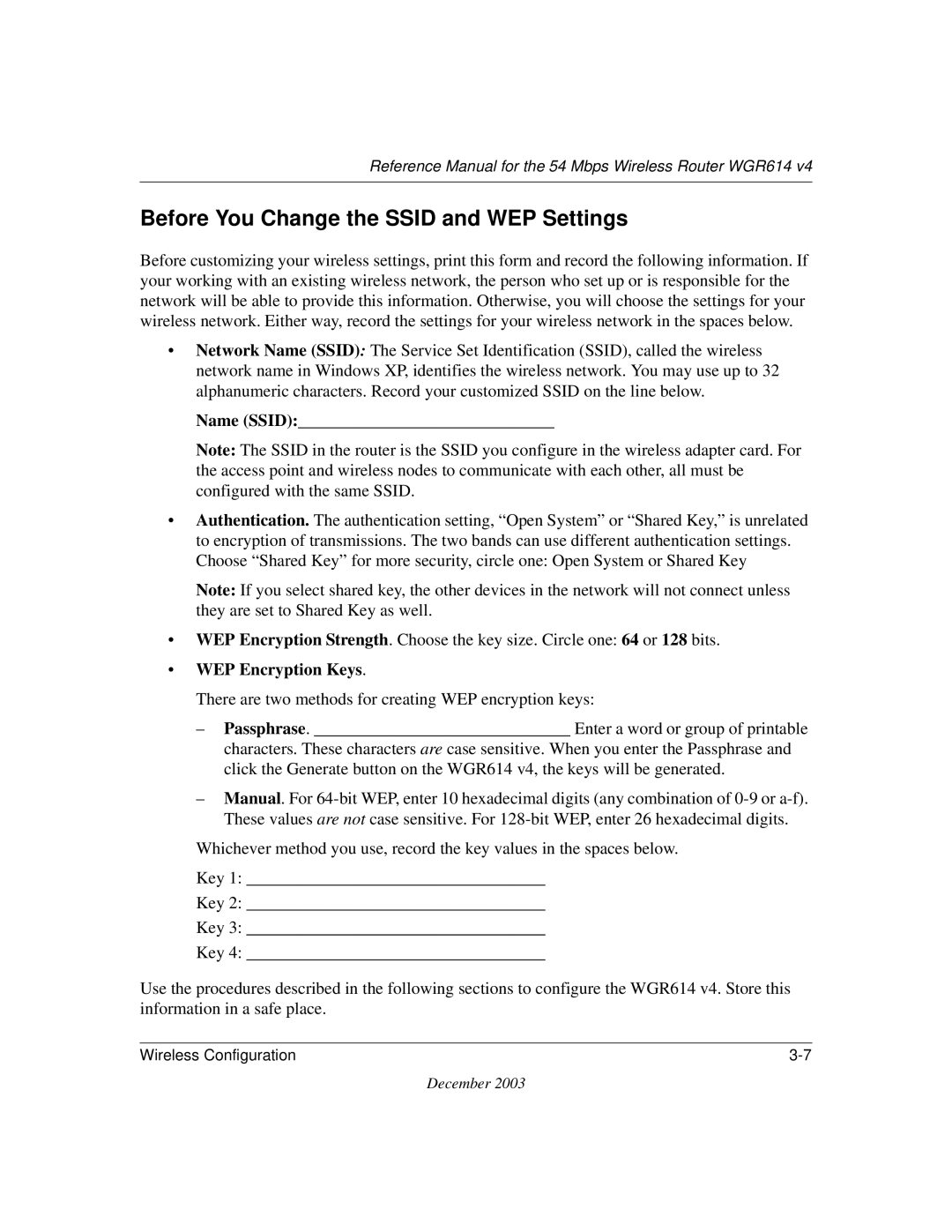 NETGEAR WGR614 v4 manual Before You Change the Ssid and WEP Settings, WEP Encryption Keys 